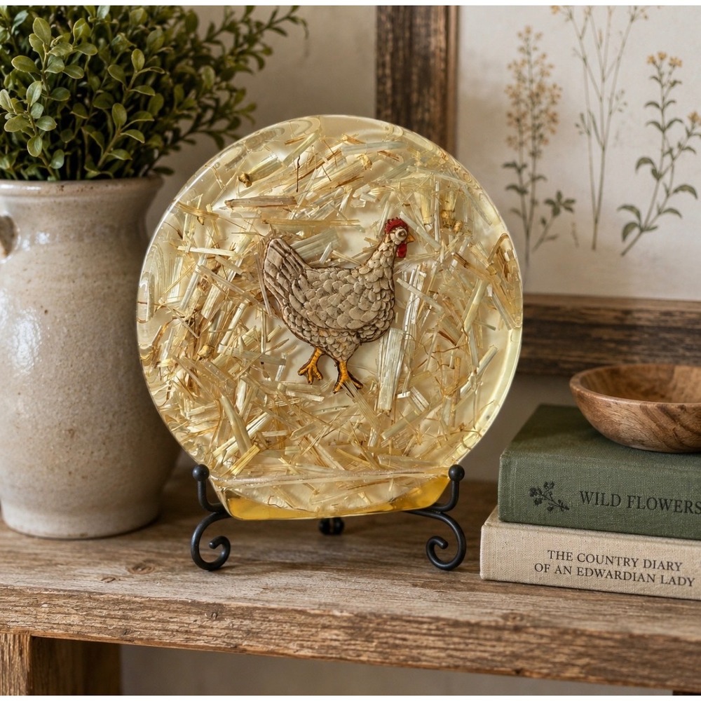 Vintage Resin Chicken Napkin Holder Farmhouse Straw Hay Embedded Hen Decor